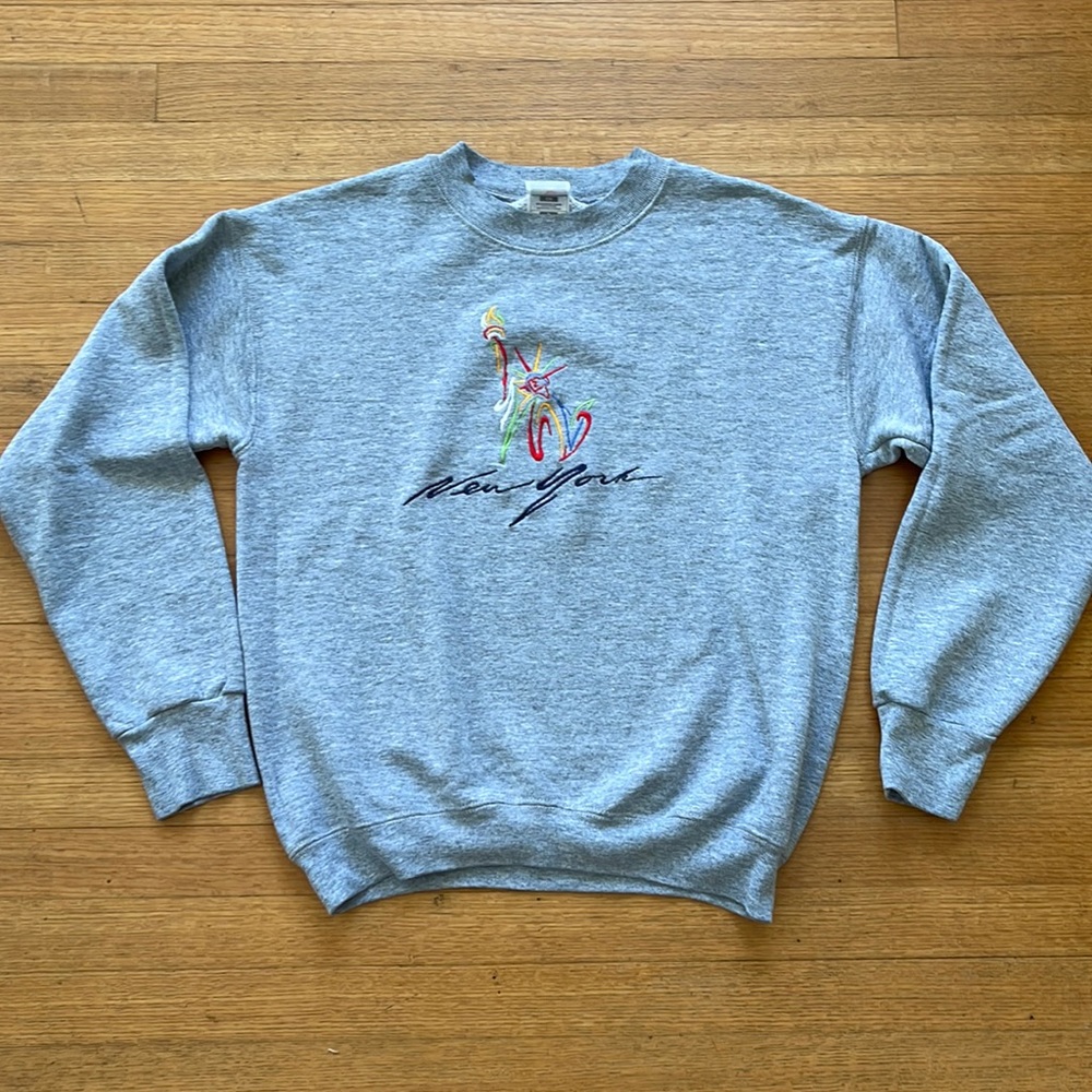 Vintage 90s New York embroidered logo sweater gray petite small FOTL